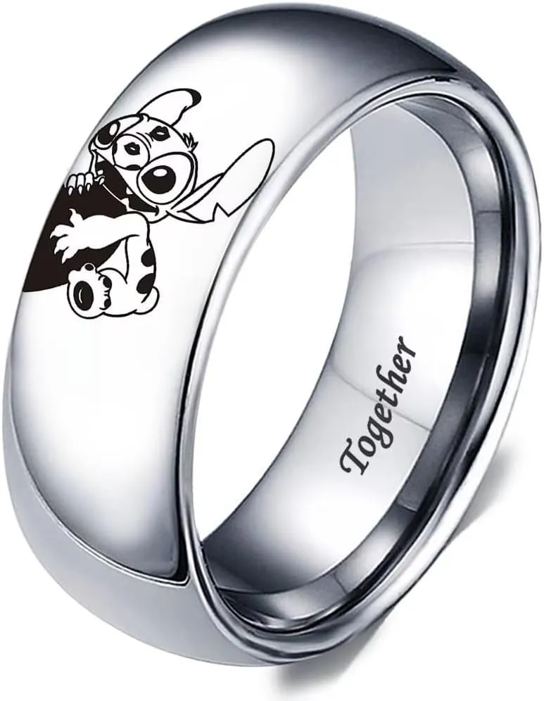 LWJYX Stitch & Angel Love Heart Couple Ring,Forever Together Anniversary Promise Wedding Band Stainless Steel Lovers Ring