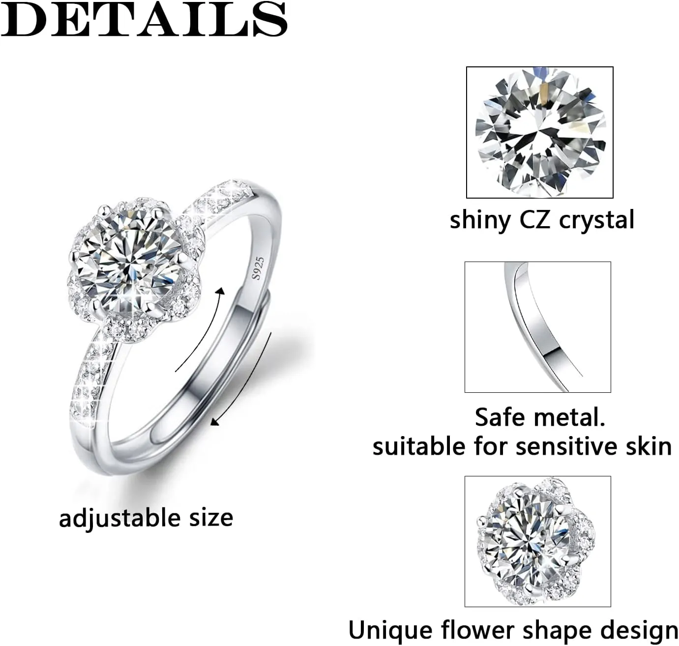 M&Ostyle 925Silver Moissanite Adjustable Engagement Ring, Promise Eternity Ring for Women,Wedding Rings,Jewelry Gift,Friendship Promise Fashion Jewelry Valentine Gifts for Women