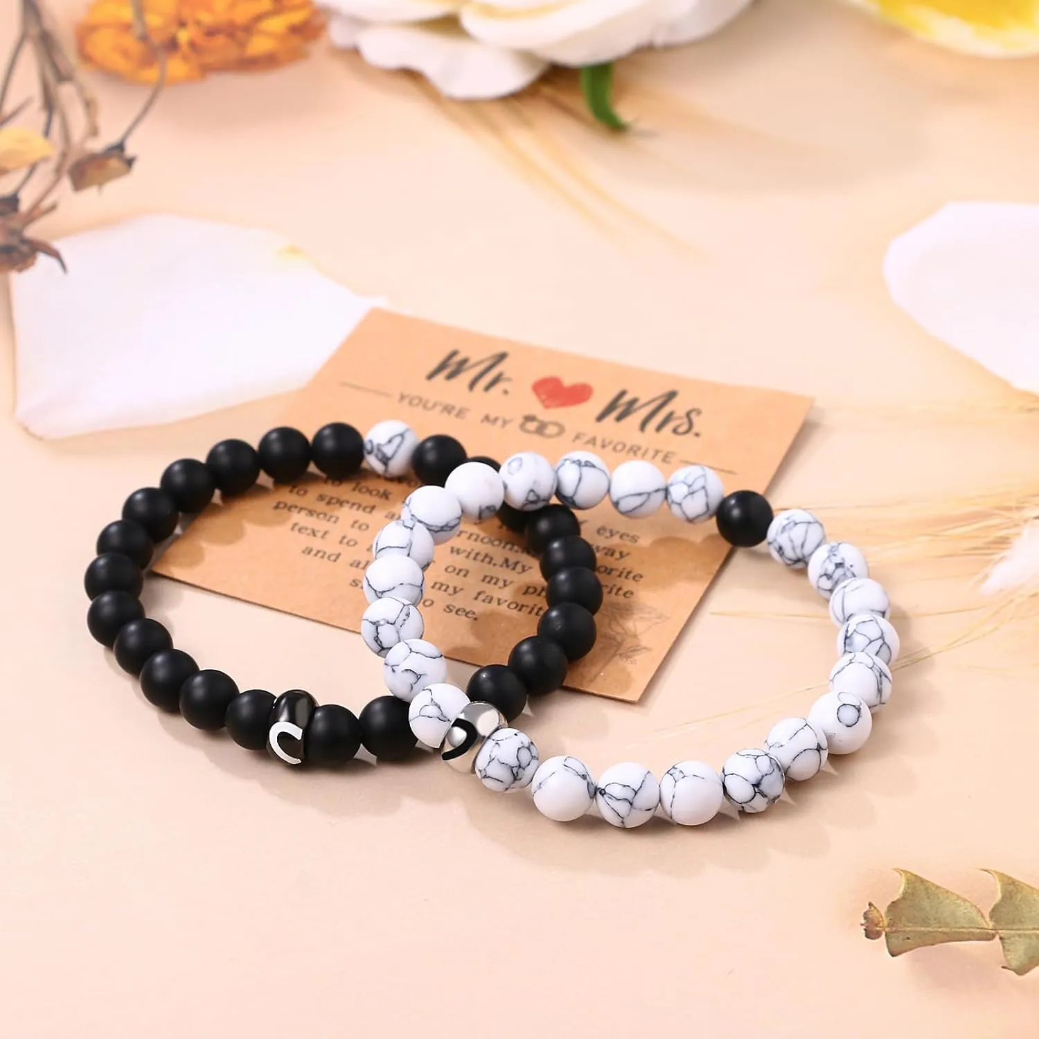 Matching Couple Ring Soulmate Bracelets Couples: White and Black Beaded Chain Bracelets Jewelry Gift for Valentines Anniversary Birthday Engagement