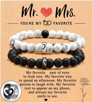 Matching Couple Ring Soulmate Bracelets Couples: White and Black Beaded Chain Bracelets Jewelry Gift for Valentines Anniversary Birthday Engagement