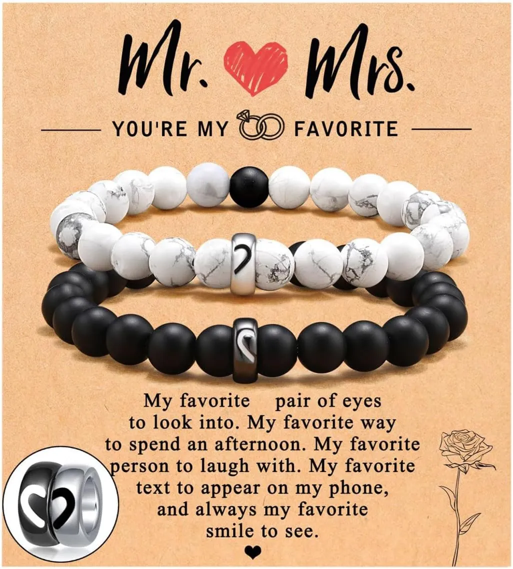 Matching Couple Ring Soulmate Bracelets Couples: White and Black Beaded Chain Bracelets Jewelry Gift for Valentines Anniversary Birthday Engagement