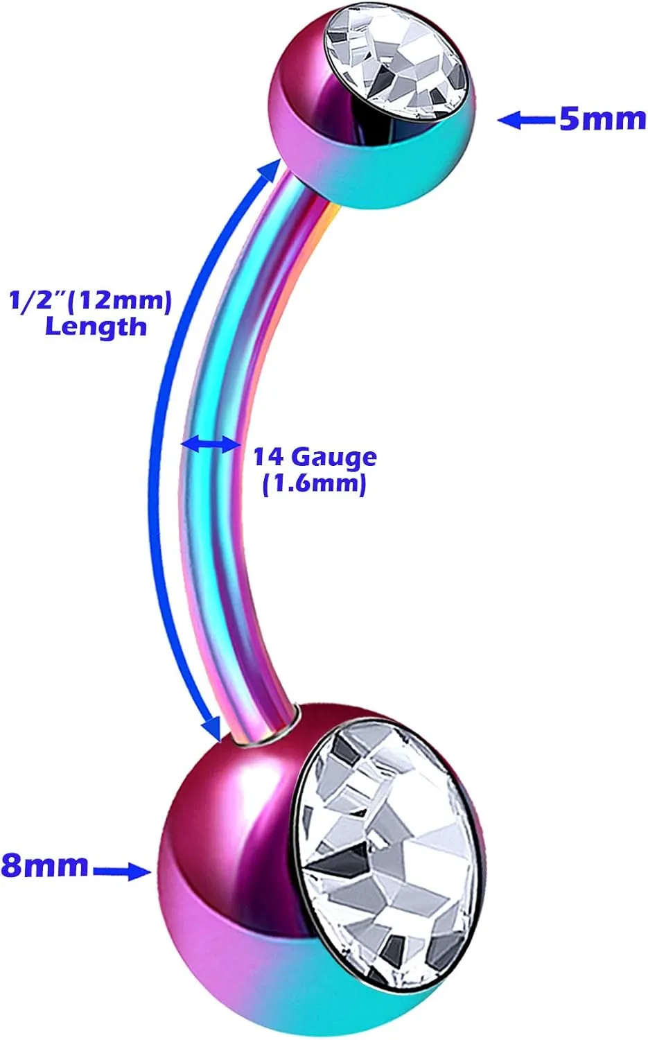 MATIGA Anodized Titanium 14 gauge Belly Button Rings Piercing Jewelry Ear Lobe Earring navel 8mm 5mm Clear Crystal Ball More Choices
