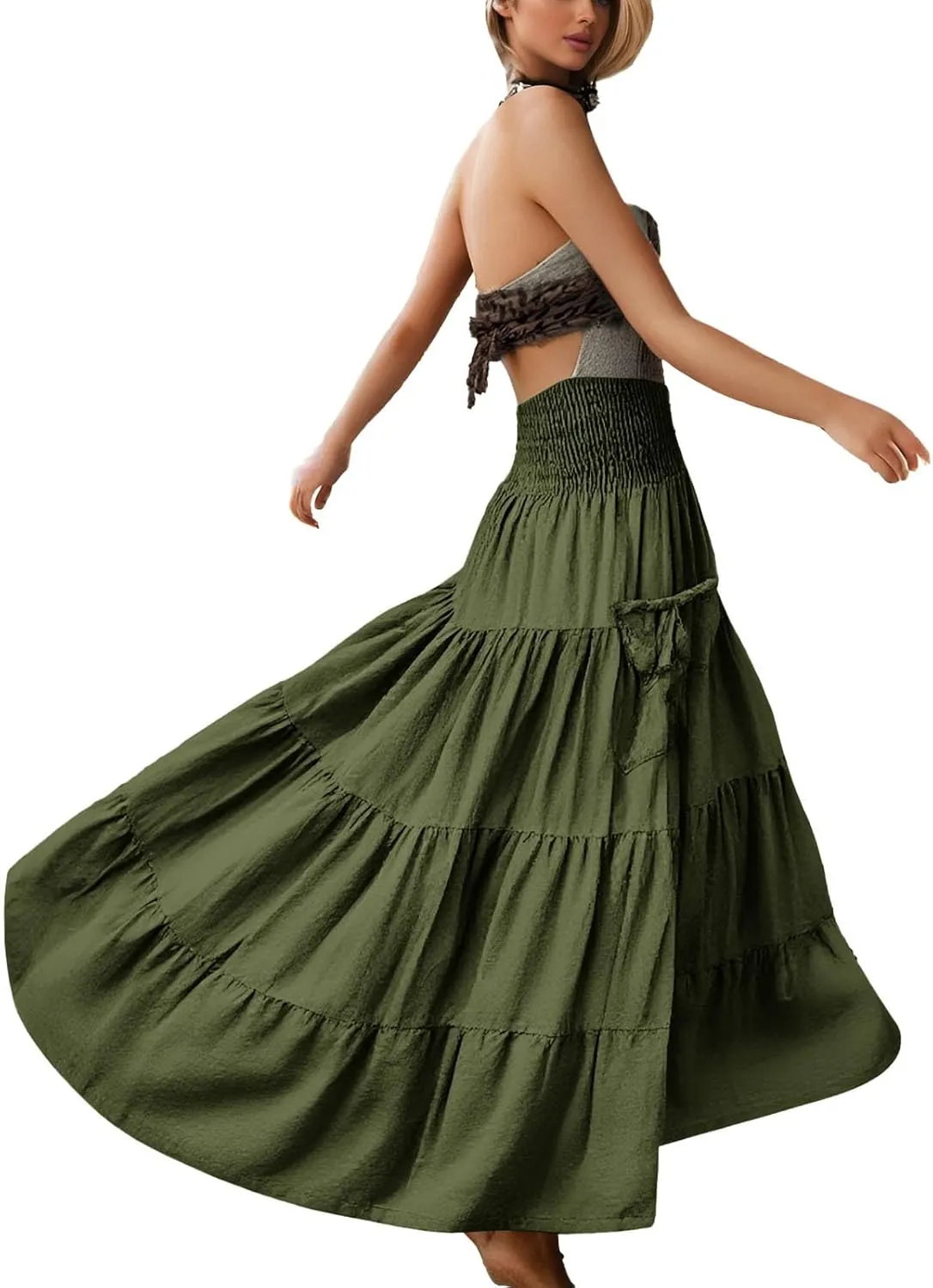 Maxi Boho Skirt Dresses for Women Long Cotton Hippie Bohemian Elastic Waist Gypsy Skirt Adjustable Dress Pockets