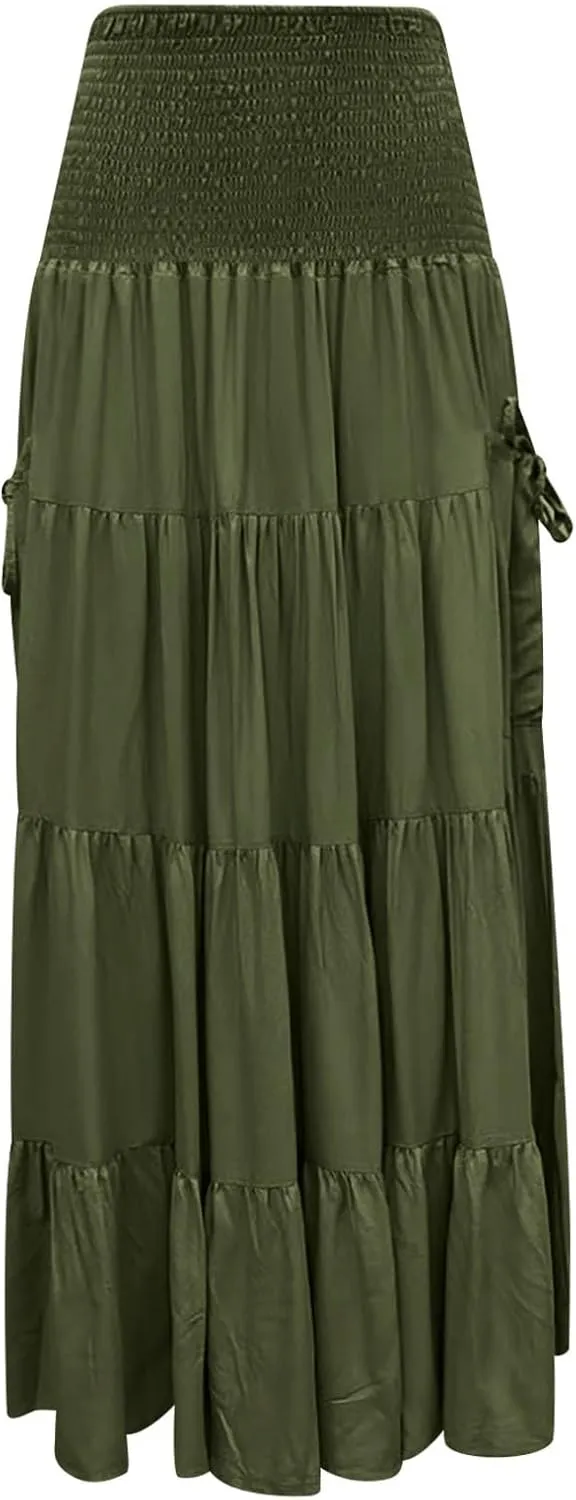 Maxi Boho Skirt Dresses for Women Long Cotton Hippie Bohemian Elastic Waist Gypsy Skirt Adjustable Dress Pockets