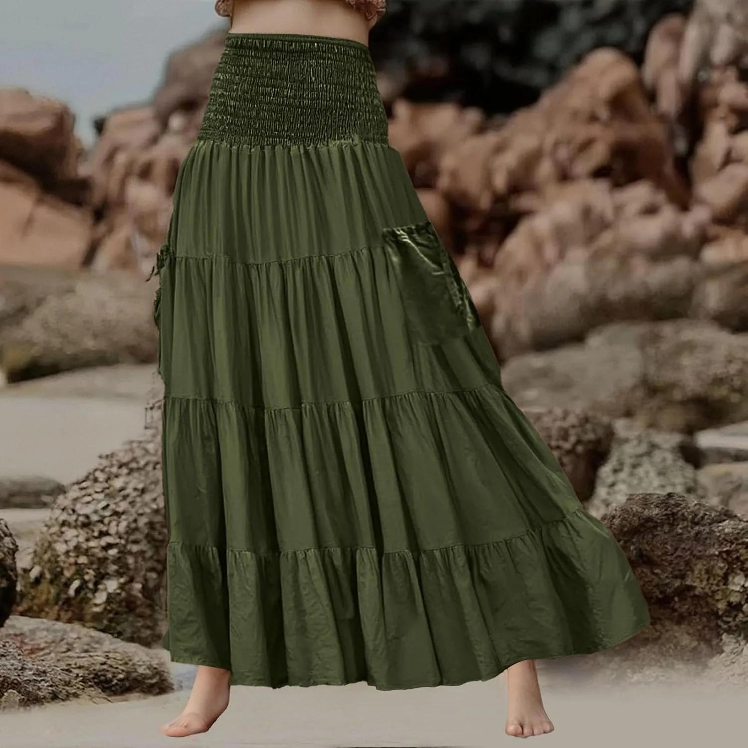 Maxi Boho Skirt Dresses for Women Long Cotton Hippie Bohemian Elastic Waist Gypsy Skirt Adjustable Dress Pockets