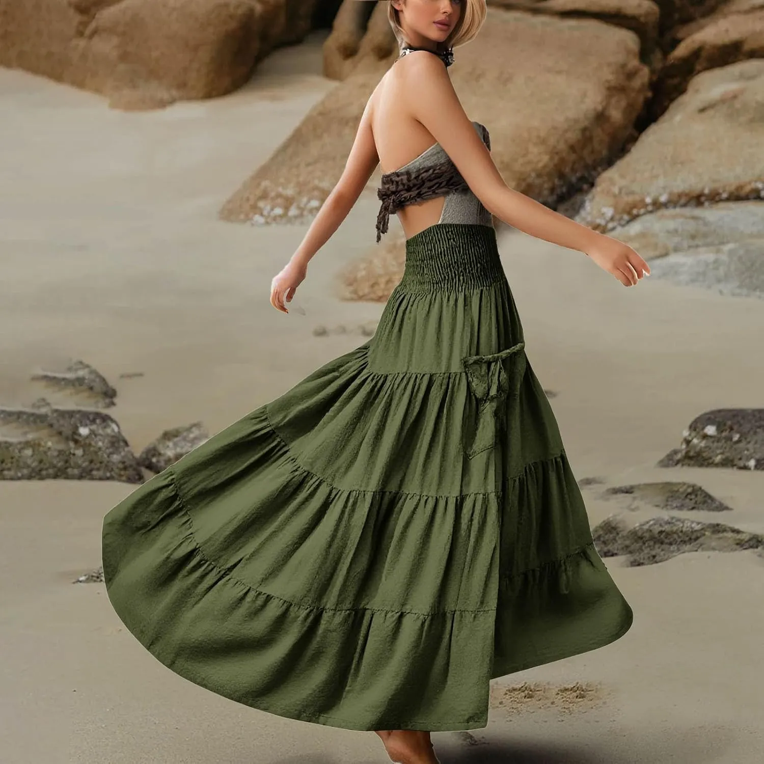 Maxi Boho Skirt Dresses for Women Long Cotton Hippie Bohemian Elastic Waist Gypsy Skirt Adjustable Dress Pockets