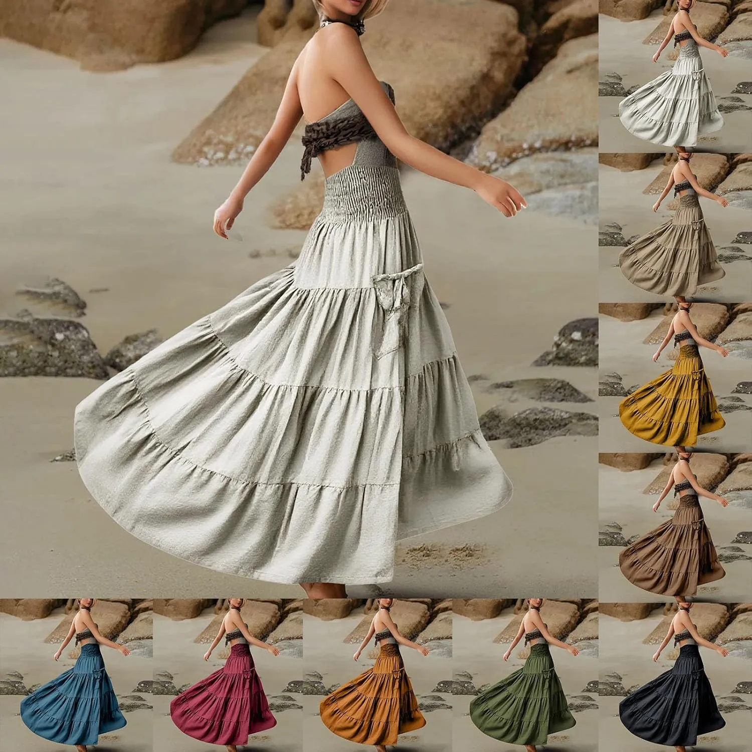 Maxi Boho Skirt Dresses for Women Long Cotton Hippie Bohemian Elastic Waist Gypsy Skirt Adjustable Dress Pockets