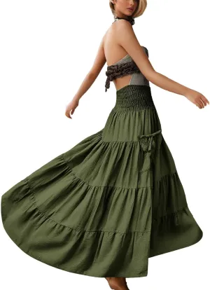 Maxi Boho Skirt Dresses for Women Long Cotton Hippie Bohemian Elastic Waist Gypsy Skirt Adjustable Dress Pockets