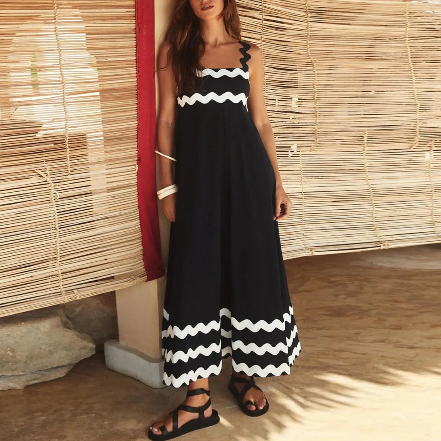 Maxi Dress for Women 2024 Summer Sleeveless Square Neck Spaghetti Strap Vacation Beach Dresses A Line Flowy Swing Sundresses