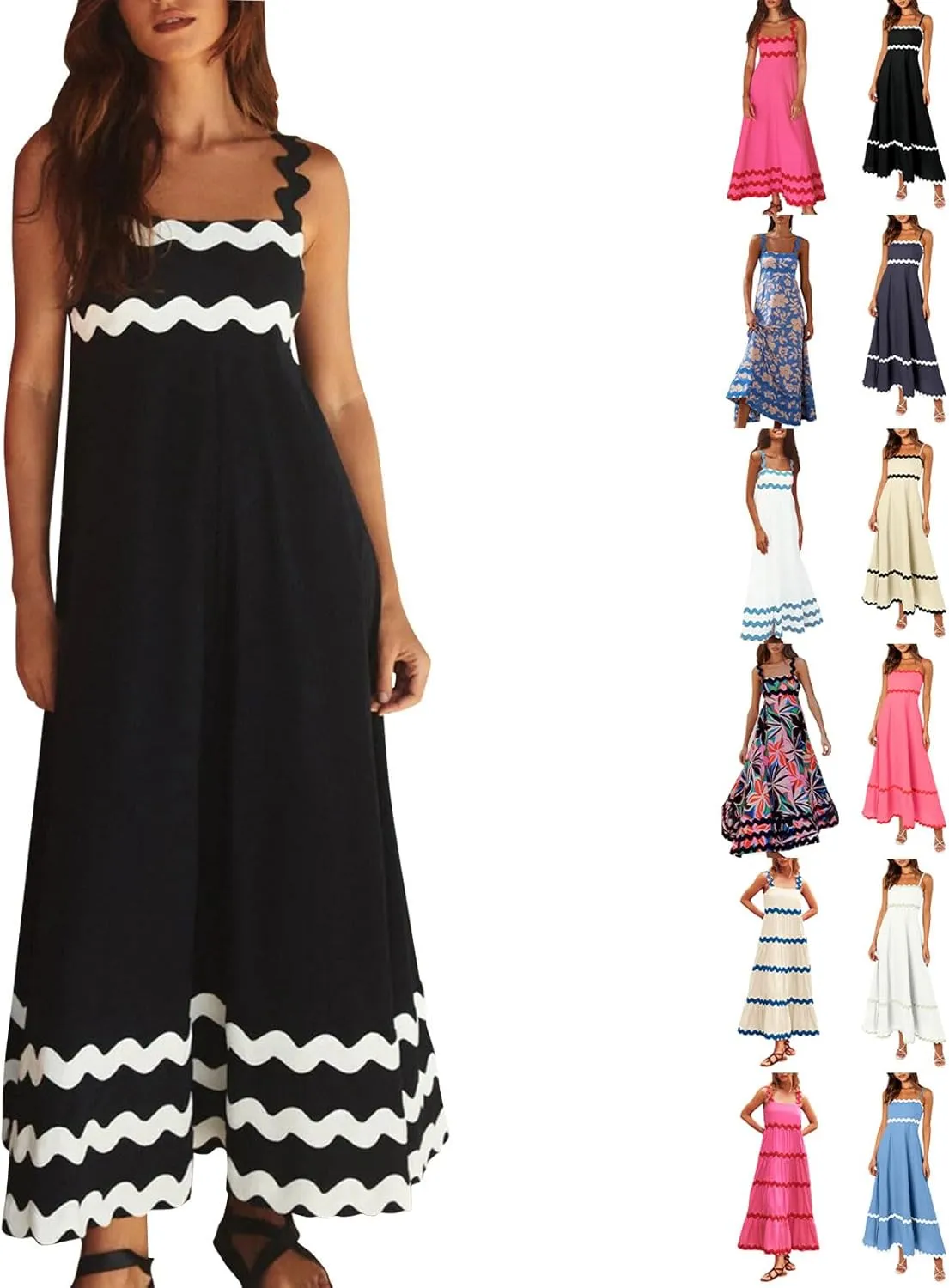 Maxi Dress for Women 2024 Summer Sleeveless Square Neck Spaghetti Strap Vacation Beach Dresses A Line Flowy Swing Sundresses