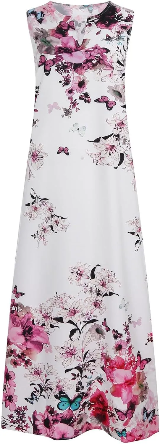 Maxi Dresses for Women 2025 Plus Size,Flowers Sleeveless Summer Floral Long Dress Casual Boho Vacation Beach Dress