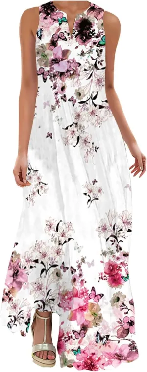 Maxi Dresses for Women 2025 Plus Size,Flowers Sleeveless Summer Floral Long Dress Casual Boho Vacation Beach Dress