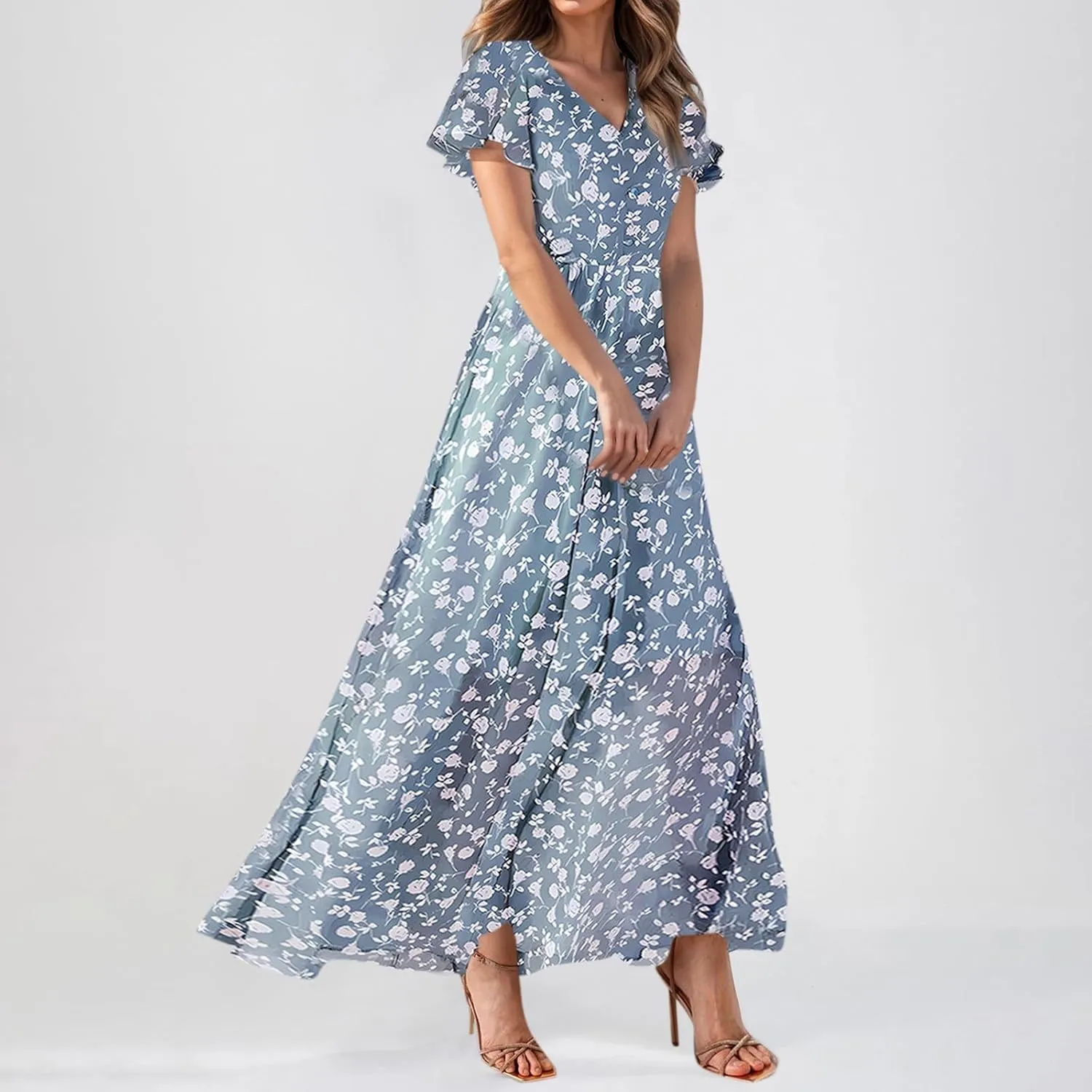 Maxi Dresses for Women 2025 Spring Summer Maxi Dress Casual Ruffle Short Sleeve Summer Dresses