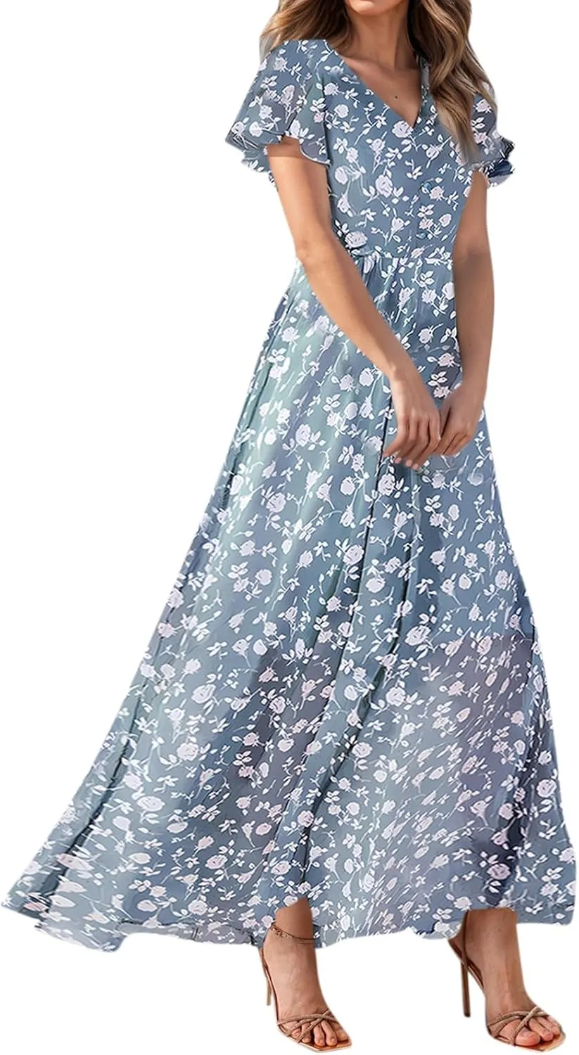 Maxi Dresses for Women 2025 Spring Summer Maxi Dress Casual Ruffle Short Sleeve Summer Dresses