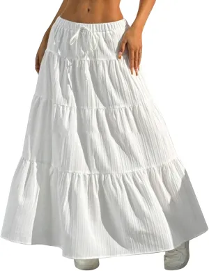 Maxi Skirt for Women 2025 Casual Summer Bohemian Flowy Swing Tiered A-Line Elastic Tie Waist Pleated Long Skirts