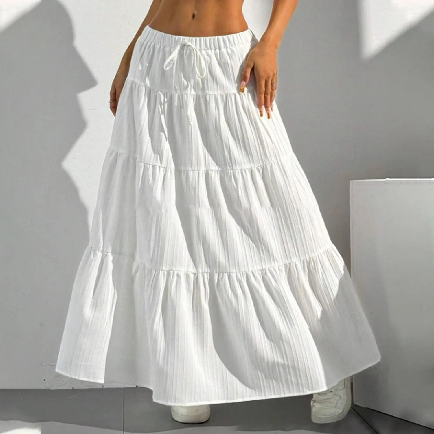 Maxi Skirt for Women 2025 Casual Summer Bohemian Flowy Swing Tiered A-Line Elastic Tie Waist Pleated Long Skirts
