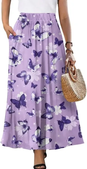 Maxi Skirt for Women Long Elegant High Waisted Cocktail Party Wedding Skirts Flared A-Line Skirts with Pockets