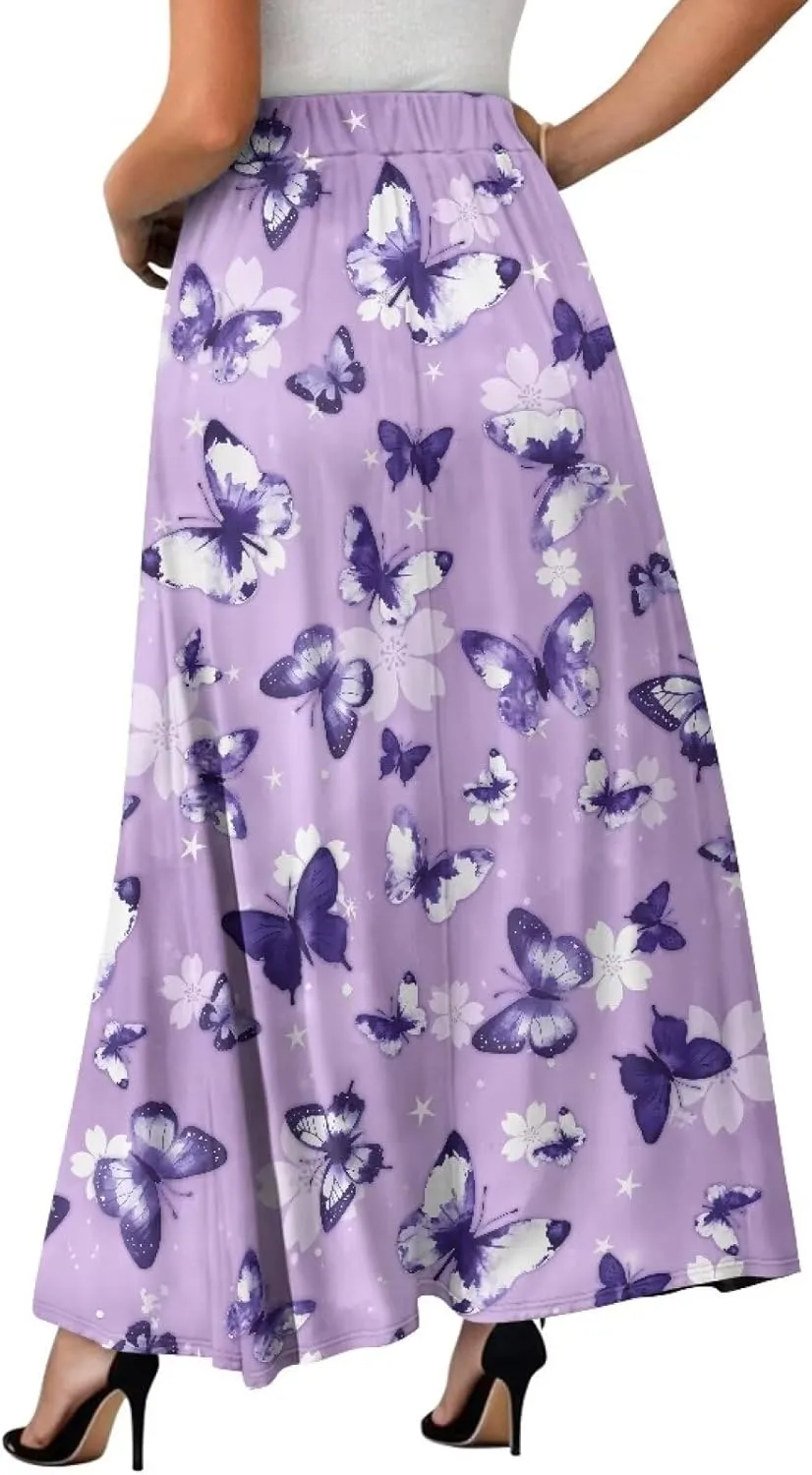 Maxi Skirt for Women Long Elegant High Waisted Cocktail Party Wedding Skirts Flared A-Line Skirts with Pockets