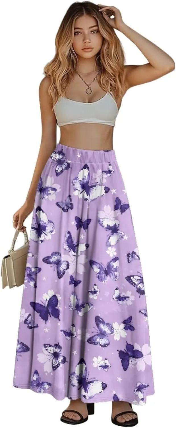 Maxi Skirt for Women Long Elegant High Waisted Cocktail Party Wedding Skirts Flared A-Line Skirts with Pockets