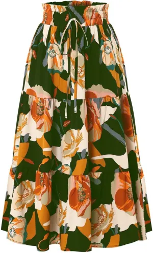 Maxi Skirts for Women Boho Floral Print Tiered Flowy Skirt Vacation Elastic Drawstring Waist A Line Pleated Skirt