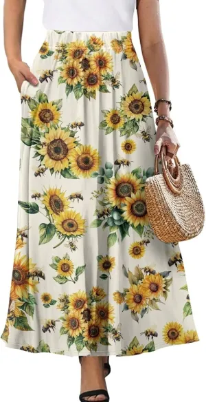 Maxi Skirts for Women Pleated High Waisted Casual Long Skirt with Pockets Plus Size A Line Party Work Skirts S-XXL