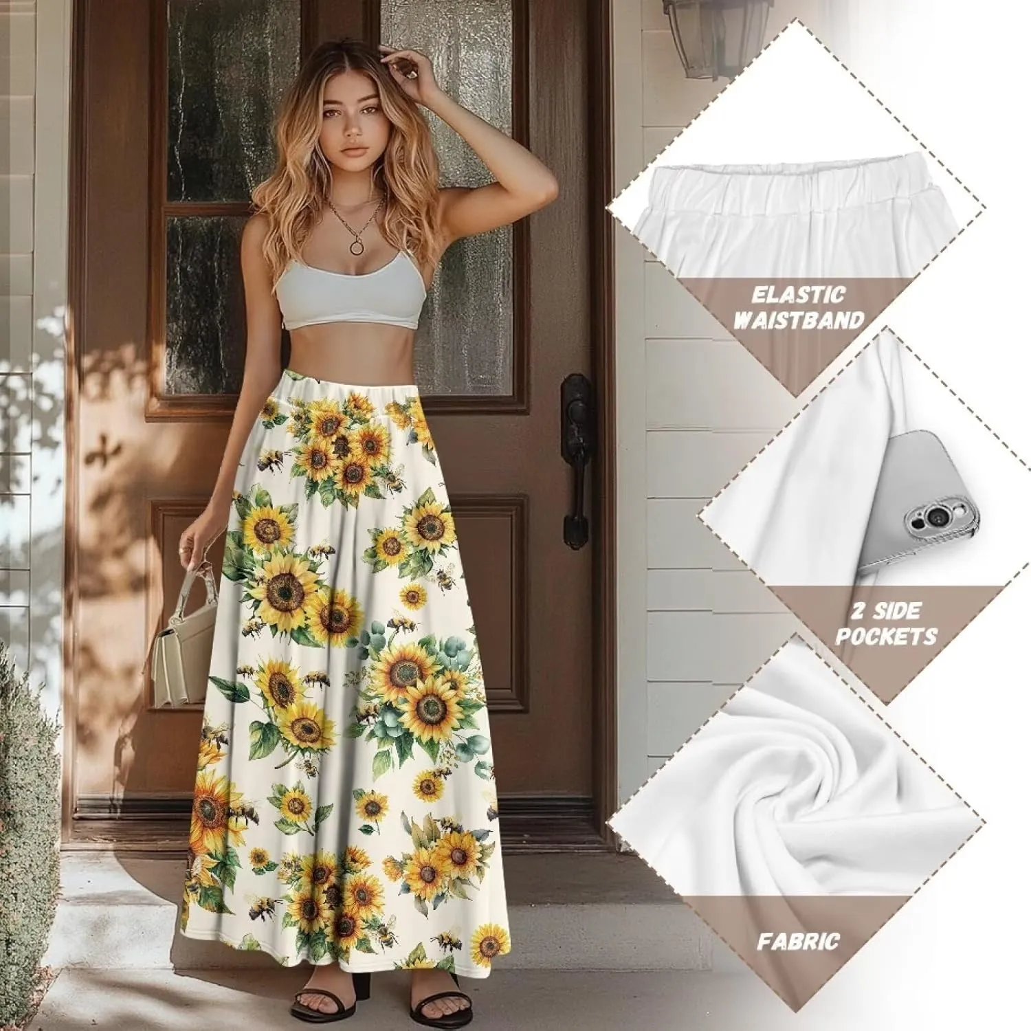 Maxi Skirts for Women Pleated High Waisted Casual Long Skirt with Pockets Plus Size A Line Party Work Skirts S-XXL