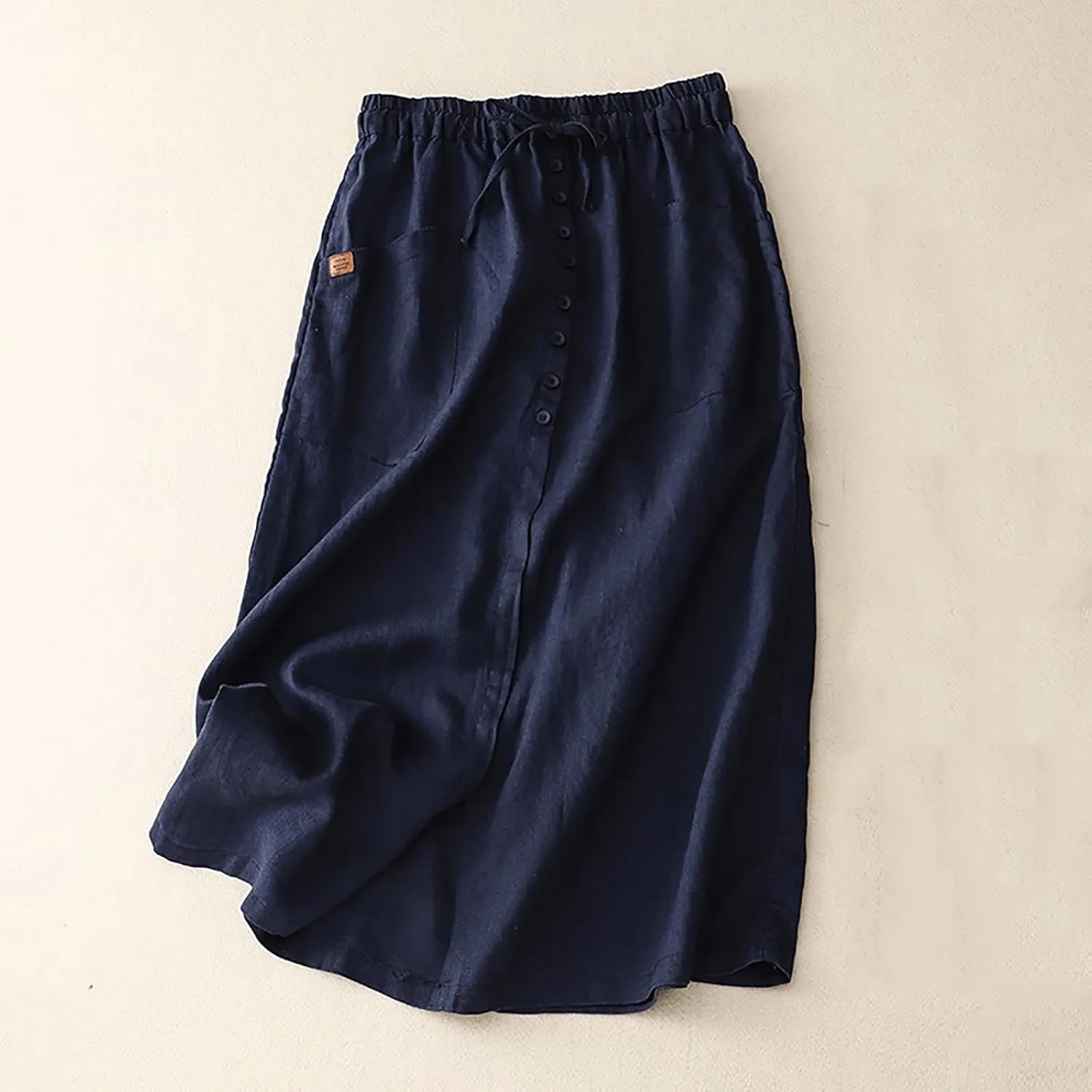 Maxi Skirts for Women Summer Drawstring High Elastic Waist Pleated A Line Skorts Solid Holiday Cotton Linen Skirt