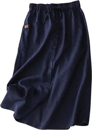 Maxi Skirts for Women Summer Drawstring High Elastic Waist Pleated A Line Skorts Solid Holiday Cotton Linen Skirt
