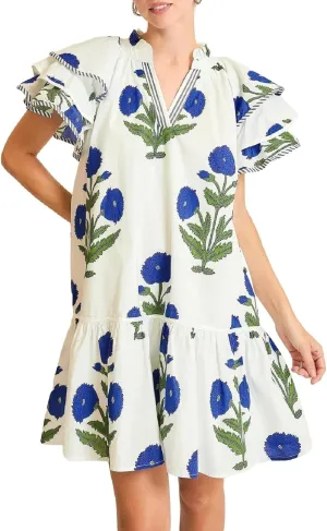 Melliflo Womens Summer Casual Floral Mini Dress V-Neck Puff Sleeve Flowy Tiered Babydoll Dress Swing Beach Vacation Sundress