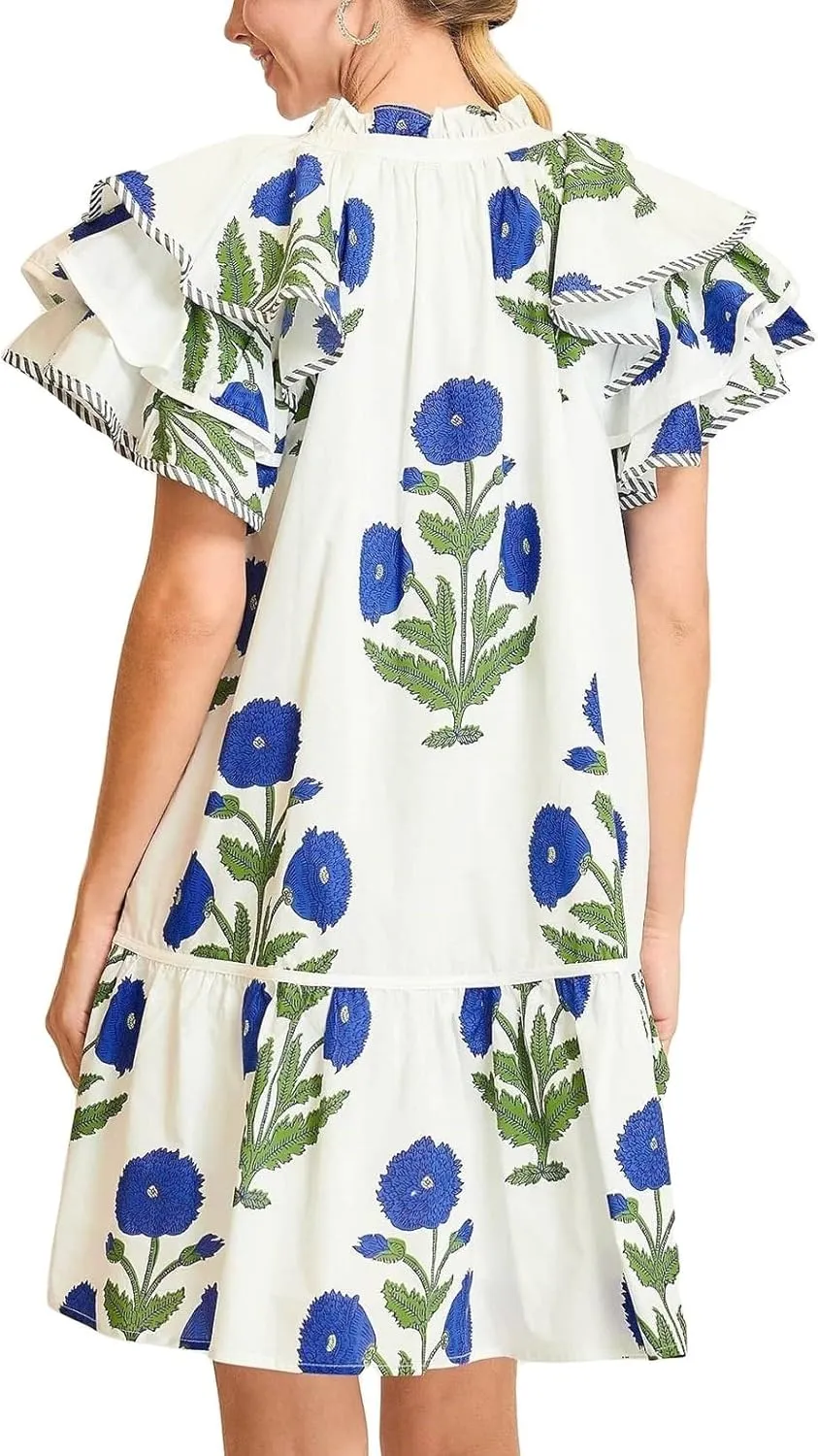 Melliflo Womens Summer Casual Floral Mini Dress V-Neck Puff Sleeve Flowy Tiered Babydoll Dress Swing Beach Vacation Sundress