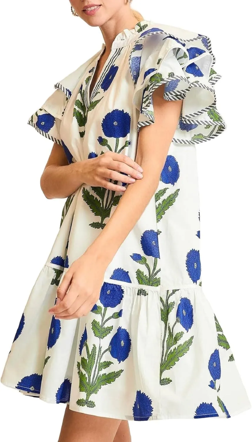 Melliflo Womens Summer Casual Floral Mini Dress V-Neck Puff Sleeve Flowy Tiered Babydoll Dress Swing Beach Vacation Sundress