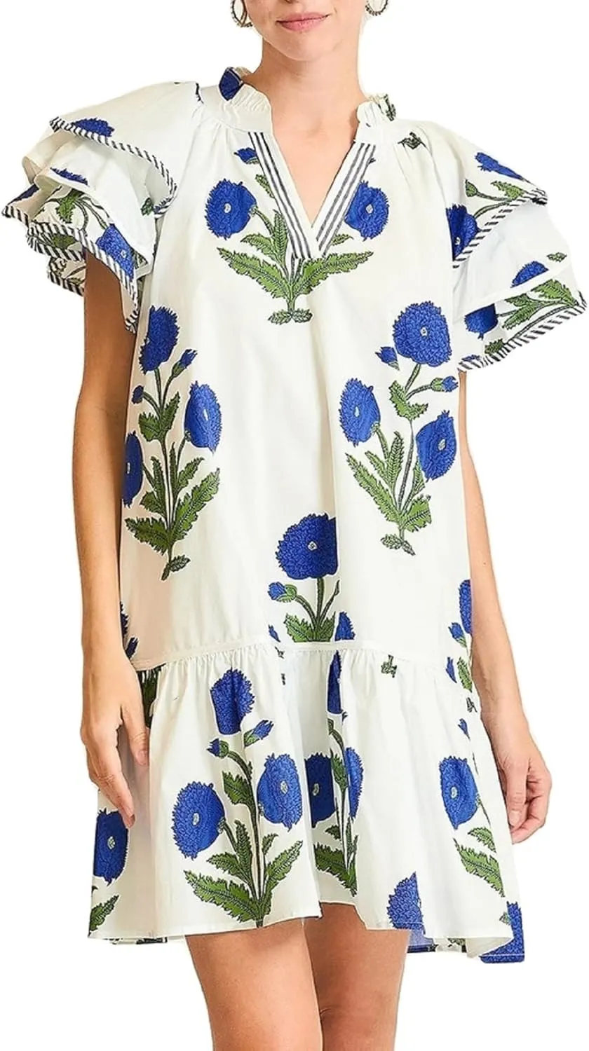 Melliflo Womens Summer Casual Floral Mini Dress V-Neck Puff Sleeve Flowy Tiered Babydoll Dress Swing Beach Vacation Sundress