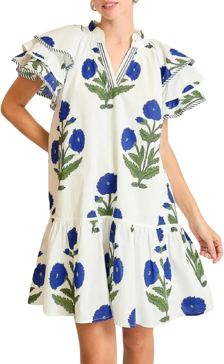 Melliflo Womens Summer Casual Floral Mini Dress V-Neck Puff Sleeve Flowy Tiered Babydoll Dress Swing Beach Vacation Sundress