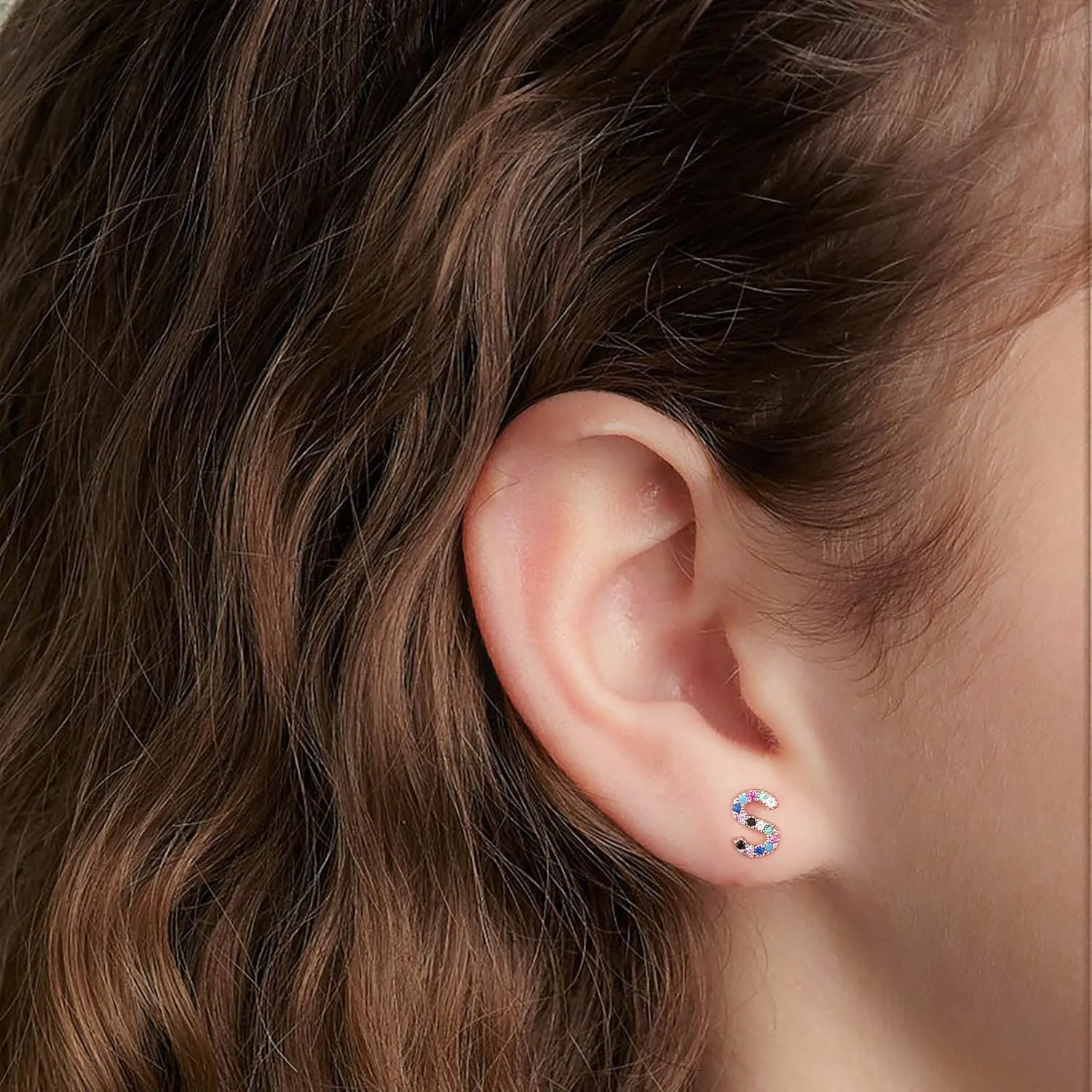 Memorjew Initial Stud Earrings for Women, Hypoallergenic 925 Sterling Silver Post Rainbow Cubic Zirconia Gold Plated 26 Initial Earrings for Women Jewelry Gifts