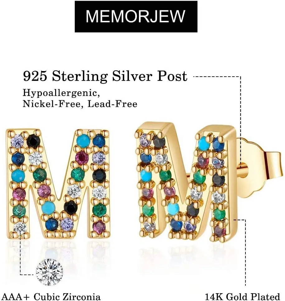 Memorjew Initial Stud Earrings for Women, Hypoallergenic 925 Sterling Silver Post Rainbow Cubic Zirconia Gold Plated 26 Initial Earrings for Women Jewelry Gifts