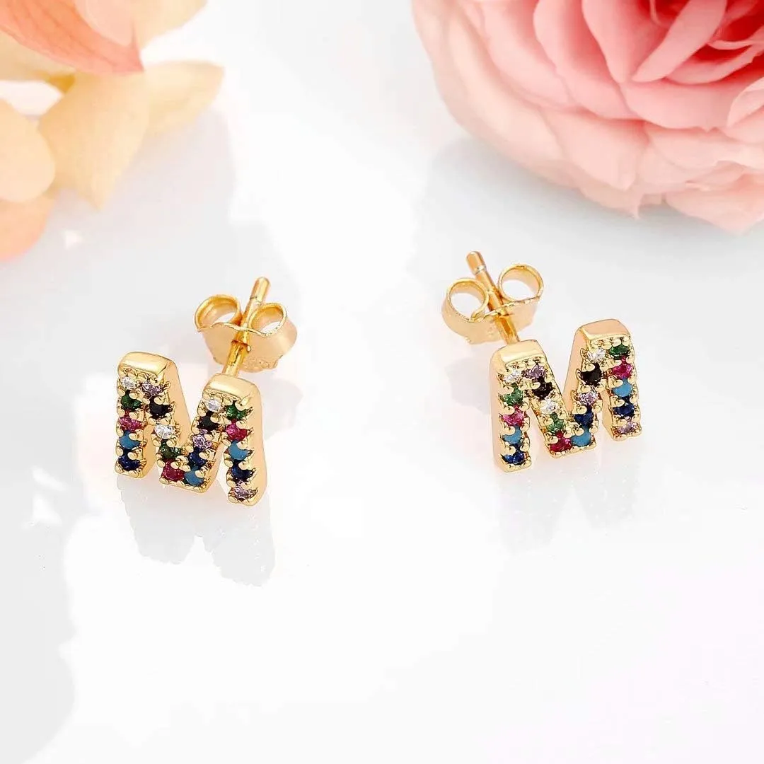 Memorjew Initial Stud Earrings for Women, Hypoallergenic 925 Sterling Silver Post Rainbow Cubic Zirconia Gold Plated 26 Initial Earrings for Women Jewelry Gifts