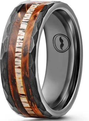 Men's Tungsten Carbide Wedding Band - Premium Grade Black Hammered Ring (Whiskey Barrel Wood & Deer Antler Inlay) - Includes Silicon Band, Leather Drawstring Pouch, & Luxury Walnut Box