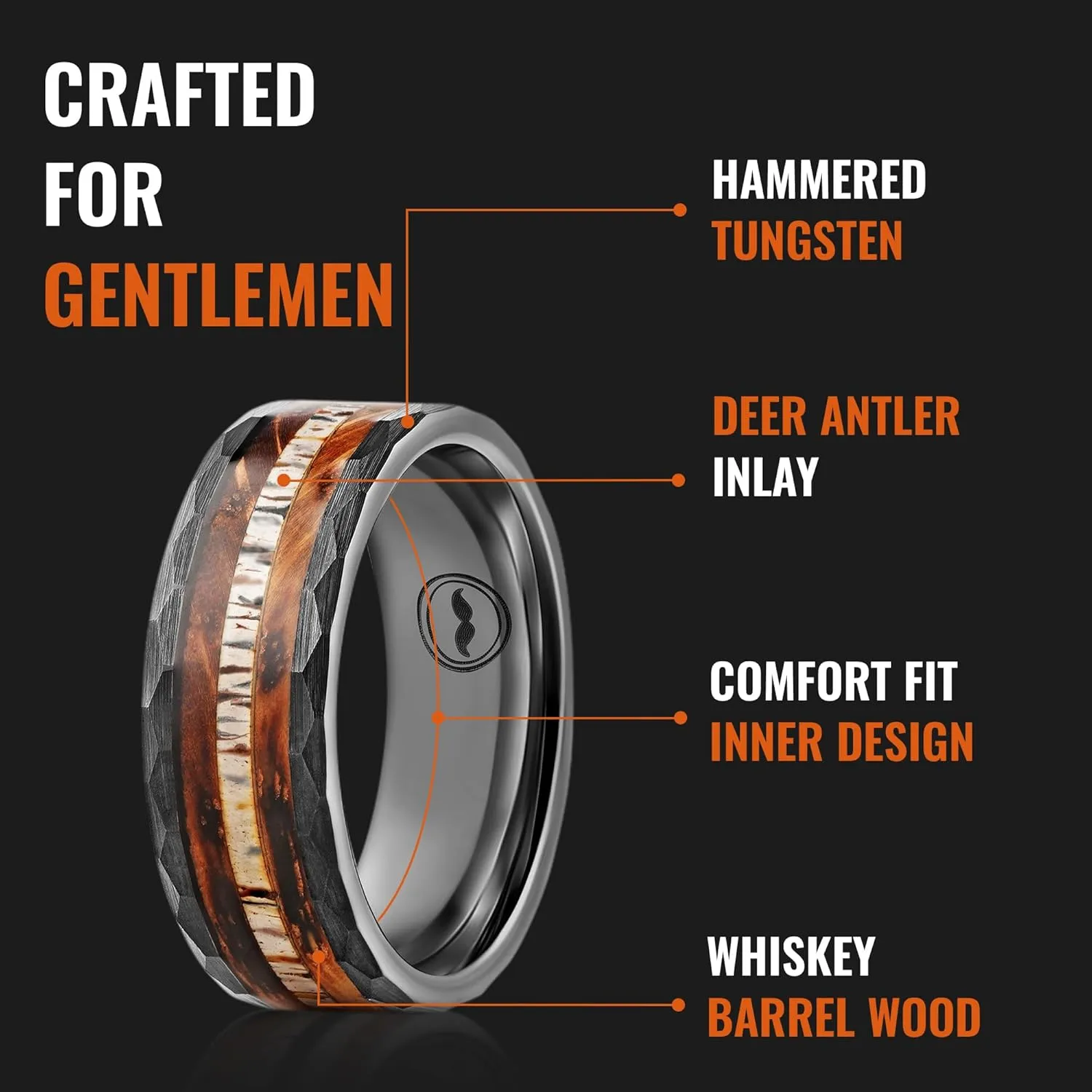 Men's Tungsten Carbide Wedding Band - Premium Grade Black Hammered Ring (Whiskey Barrel Wood & Deer Antler Inlay) - Includes Silicon Band, Leather Drawstring Pouch, & Luxury Walnut Box