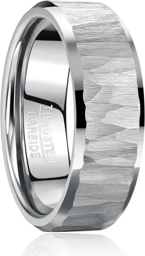 Mens Tungsten Wedding Bands Hammered Ring 8mm Classic Black/Gold/Silver Wedding Rings with Beveled Edges Comfort Fit Jewelry Gift for Him Size 7-13