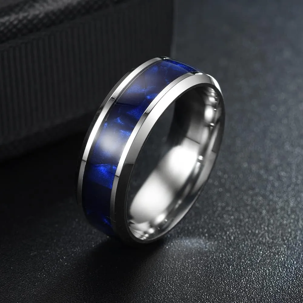 Men's Women's Stainless Steel Imitated Meteorite Carbon Fiber Inlay Silver Band 6mm 8mm Width Engagement Promise Wedding Cool Simple Ring