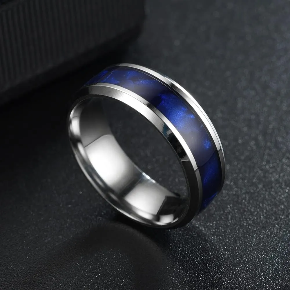 Men's Women's Stainless Steel Imitated Meteorite Carbon Fiber Inlay Silver Band 6mm 8mm Width Engagement Promise Wedding Cool Simple Ring