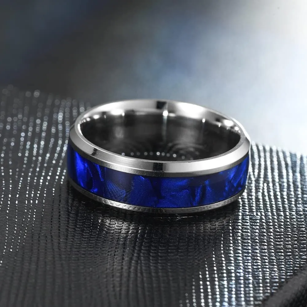 Men's Women's Stainless Steel Imitated Meteorite Carbon Fiber Inlay Silver Band 6mm 8mm Width Engagement Promise Wedding Cool Simple Ring