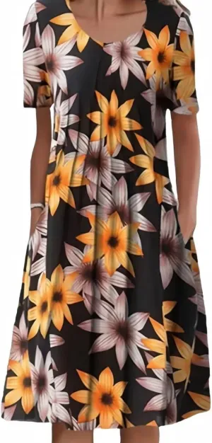 Midi Short Sleeve Dress for Women Summer Pleated Front Round Neck Retro Plus Size Loose Trendy Floral Dresses