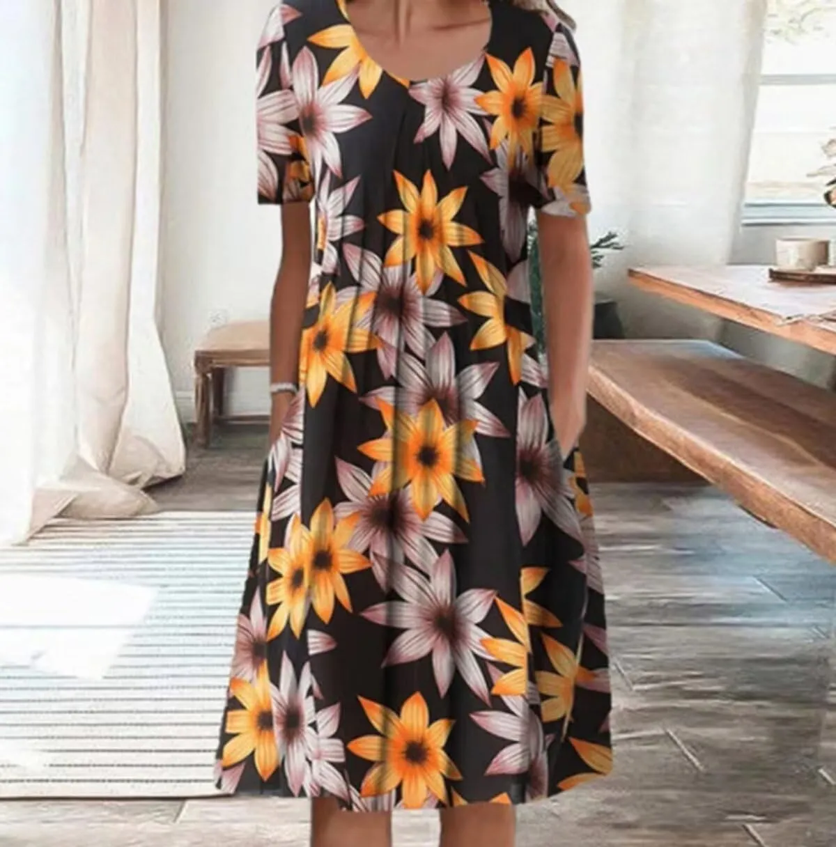 Midi Short Sleeve Dress for Women Summer Pleated Front Round Neck Retro Plus Size Loose Trendy Floral Dresses