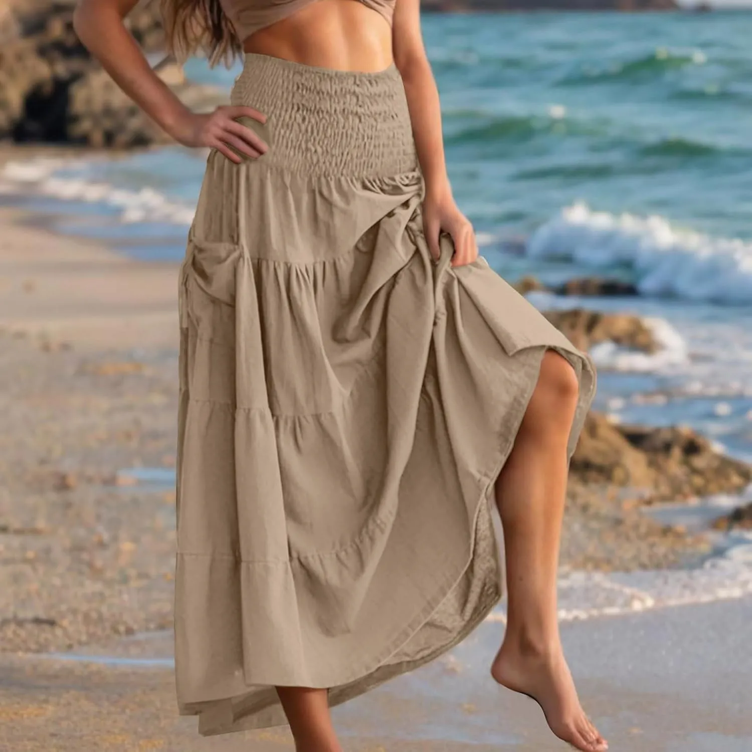Midi Skirts for Women Pleated Tiered Long Flowy Skirt Elastic Waist Summer Boho Casual Loose Layered Ruffle Skirt