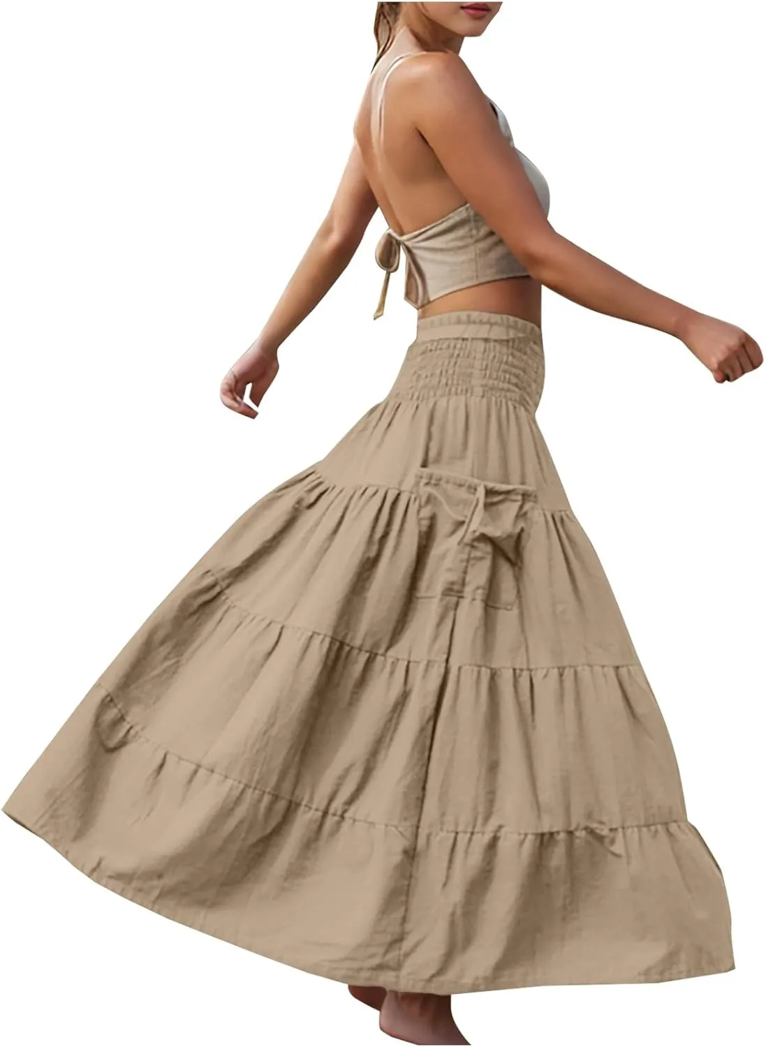 Midi Skirts for Women Pleated Tiered Long Flowy Skirt Elastic Waist Summer Boho Casual Loose Layered Ruffle Skirt