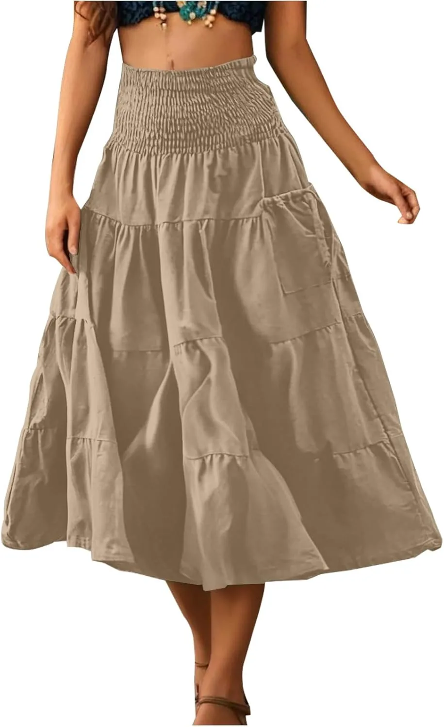 Midi Skirts for Women Pleated Tiered Long Flowy Skirt Elastic Waist Summer Boho Casual Loose Layered Ruffle Skirt
