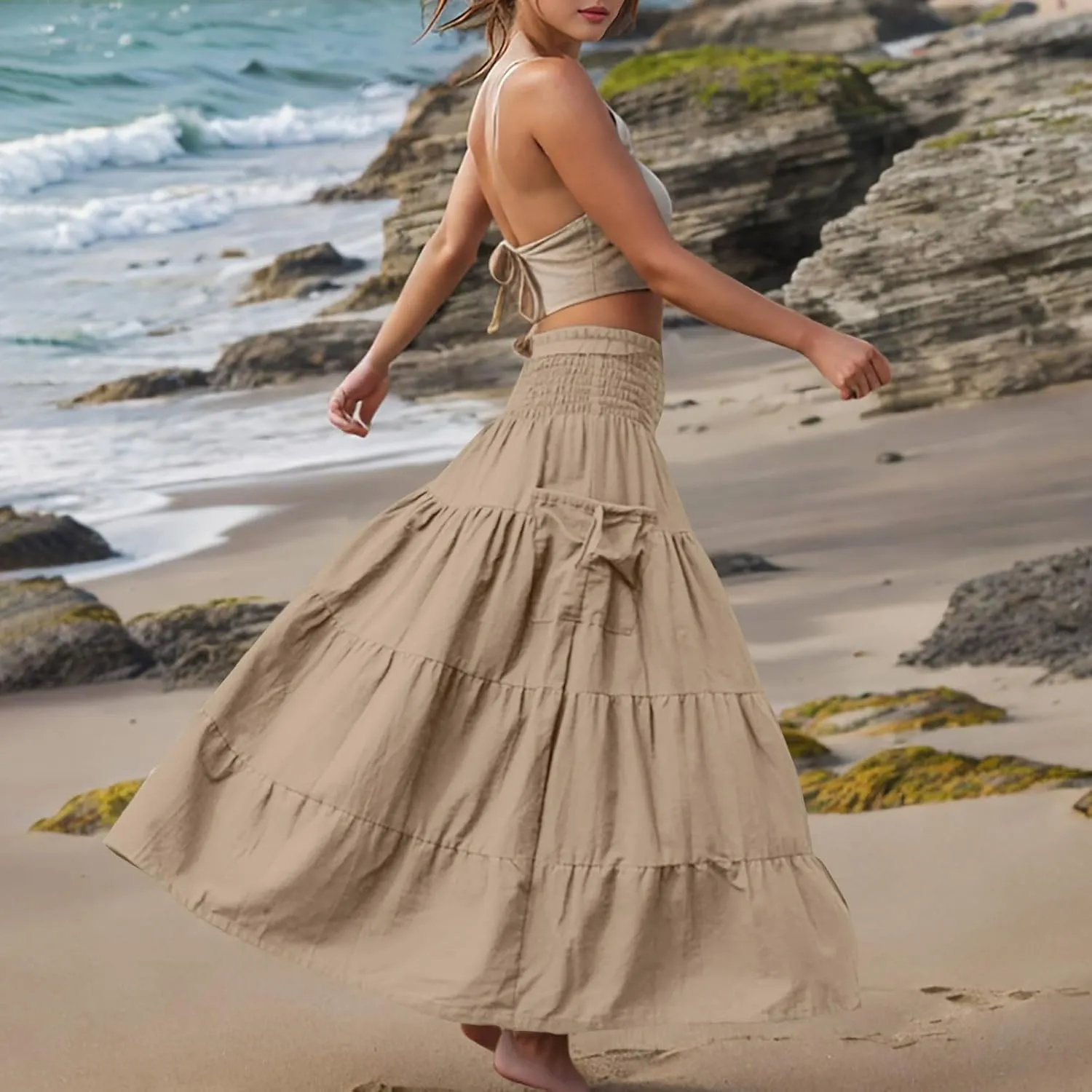 Midi Skirts for Women Pleated Tiered Long Flowy Skirt Elastic Waist Summer Boho Casual Loose Layered Ruffle Skirt