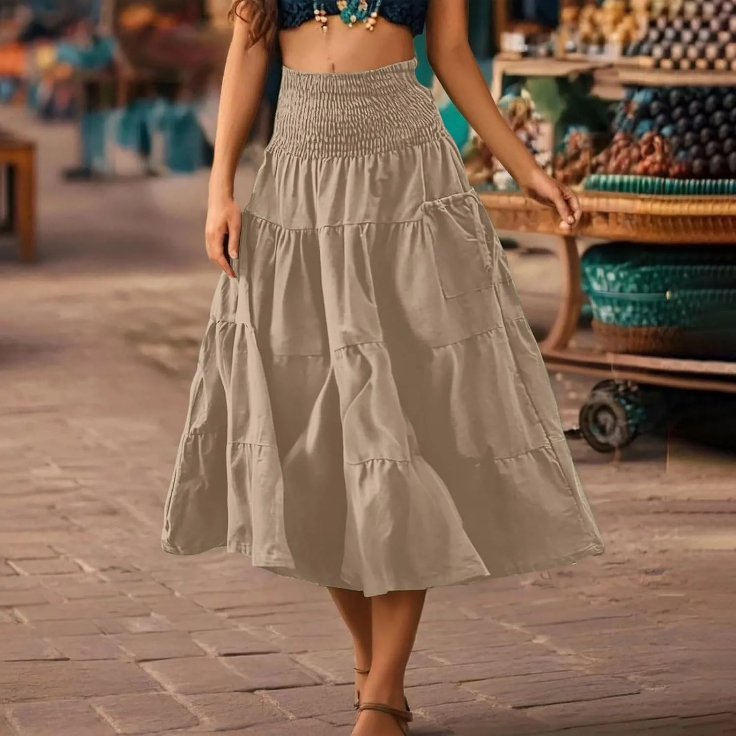 Midi Skirts for Women Pleated Tiered Long Flowy Skirt Elastic Waist Summer Boho Casual Loose Layered Ruffle Skirt