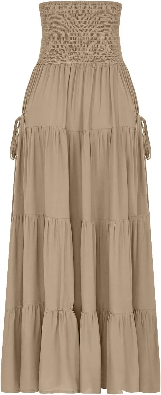 Midi Skirts for Women Pleated Tiered Long Flowy Skirt Elastic Waist Summer Boho Casual Loose Layered Ruffle Skirt